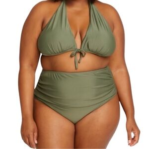 Ruched Bikini Olive Green ribbed tie front halter top with ruched hi cut 3XL
